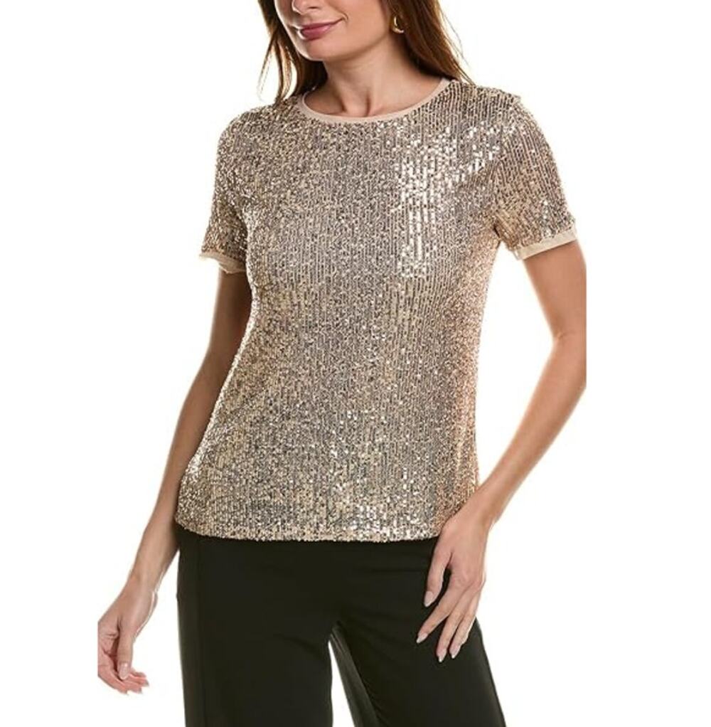 New Anne Klein Women's Beige Triple Mesh Short Sleeves Banded Tee Size Large